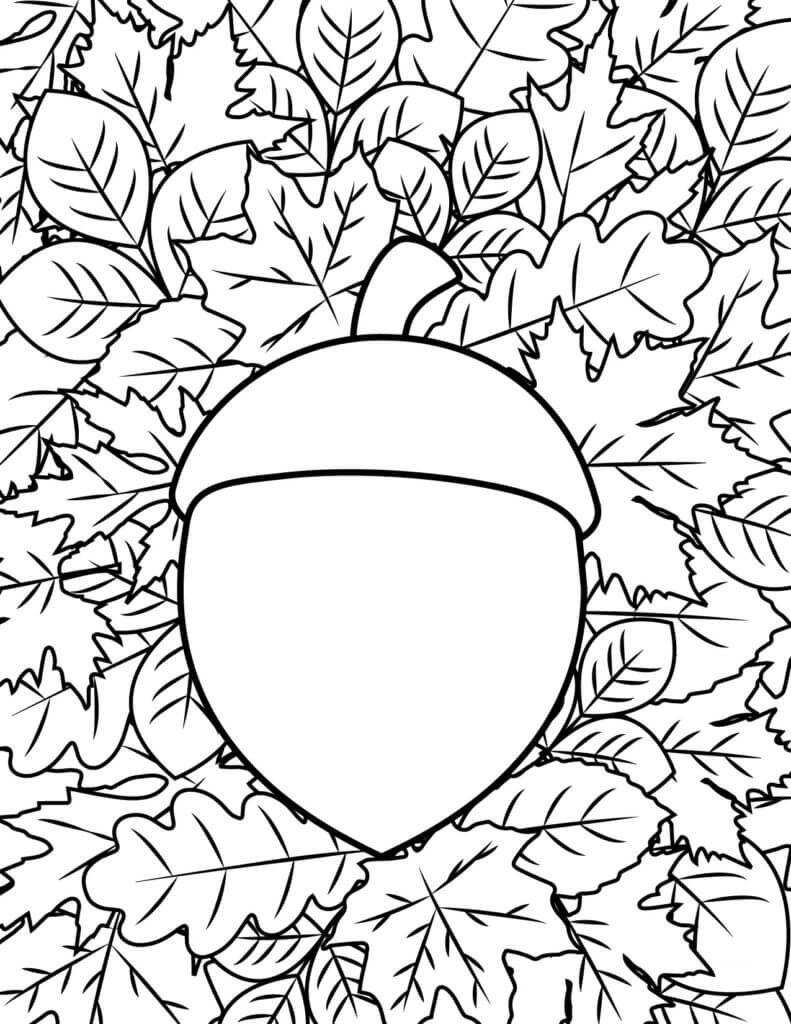 Online coloring book: A large acorn among autumn leaves coloring page
